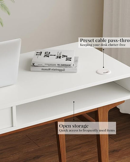 White Computer Desk with Drawers - 45 inch Minimalist Small Solid Wood Mid-Century Modern Office Desk for Home - Boho Style Writing Table with Open Storage,Light Wooden Desk Workspace - LeafyLoom