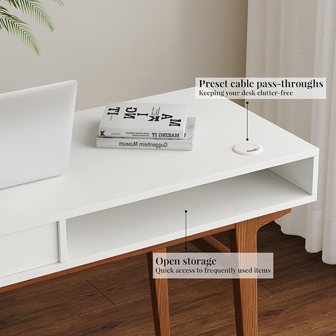 White Computer Desk with Drawers - 45 inch Minimalist Small Solid Wood Mid-Century Modern Office Desk for Home - Boho Style Writing Table with Open Storage,Light Wooden Desk Workspace - LeafyLoom
