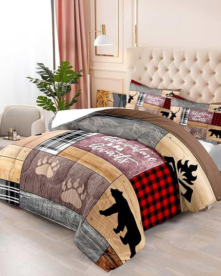 LUVIVIHOME 3PCS Cabin Comforter Set King Size, Rustic Farmhouse Bedding, Black Bear Deer Elk Moose Forest Animal Wildlife Hunting Country Brown Patchwork White Red Plaid Lodge Quilt, 2 Pillow Shams - LeafyLoom