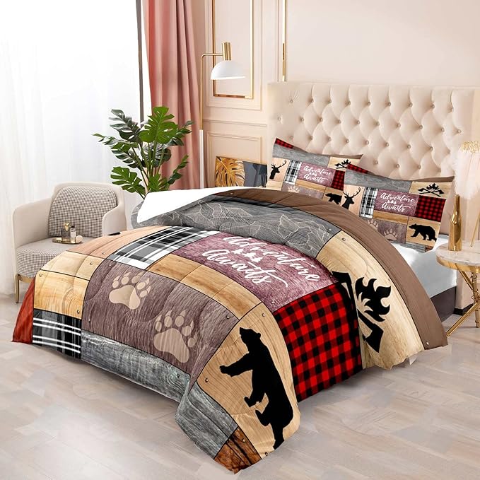 LUVIVIHOME 3PCS Cabin Comforter Set King Size, Rustic Farmhouse Bedding, Black Bear Deer Elk Moose Forest Animal Wildlife Hunting Country Brown Patchwork White Red Plaid Lodge Quilt, 2 Pillow Shams - LeafyLoom