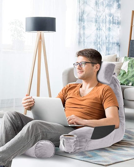 Clara Clark Reading Pillow, Large Back Pillow for Sitting Up in Bed, Memory Foam Back Support Pillow, Reading Pillows for Sitting in Bed Adult Grey Lavender Sit Up Pillow for Bed with Arms and Pockets - LeafyLoom