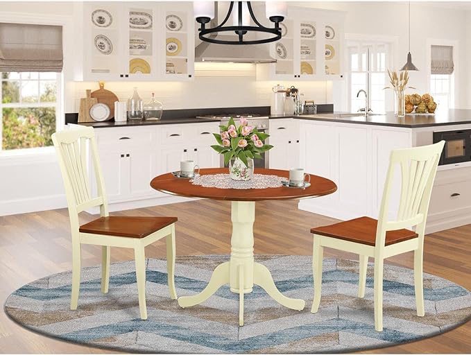 East West Furniture DLAV3-BMK-W 3 Piece Dining Table Set for Small Spaces Contains a Round Dining Room Table with Dropleaf and 2 Wooden Seat Chairs, 42x42 Inch, Buttermilk & Cherry - LeafyLoom