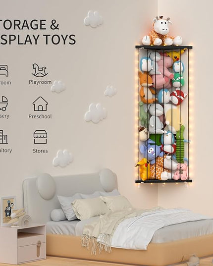 Stuffed Animal Storage Toy Organizer: Corner Stuff Animals Holder for Wall with LED Light - Kids Plush Toys Storage with Adjustable Length for Nursery Playroom Bedroom Kids Room(Black) - LeafyLoom