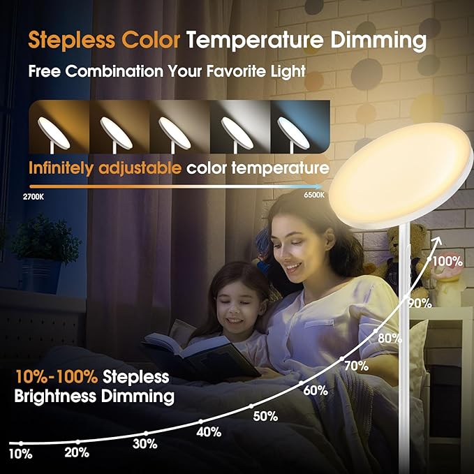 Floor Lamp, 36W/3600LM Bright Floor Lamp with Remote Control, RGB Color Changing Torchiere Floor Lamp, Stepless Adjust Color Temperatures & Brightness for Bedroom and Play Room - LeafyLoom