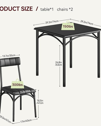 IDEALHOUSE Dining Table Set for 2, Kitchen Table and Chairs for 2, Dining Room Table Set with 2 Upholstered Chairs, 3 Piece Square Kitchen Table Set for Small Space, Apartment, Rustic Black - LeafyLoom