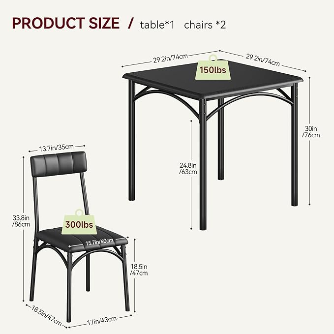 IDEALHOUSE Dining Table Set for 2, Kitchen Table and Chairs for 2, Dining Room Table Set with 2 Upholstered Chairs, 3 Piece Square Kitchen Table Set for Small Space, Apartment, Rustic Black - LeafyLoom