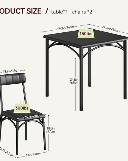 IDEALHOUSE Kitchen Table and Chairs for 2, Dining Table Set for 2 with Upholstered Chairs, 3 Piece Square Kitchen Table Set, Dining Room Table Set for Small Space, Apartment, Rustic Black - LeafyLoom