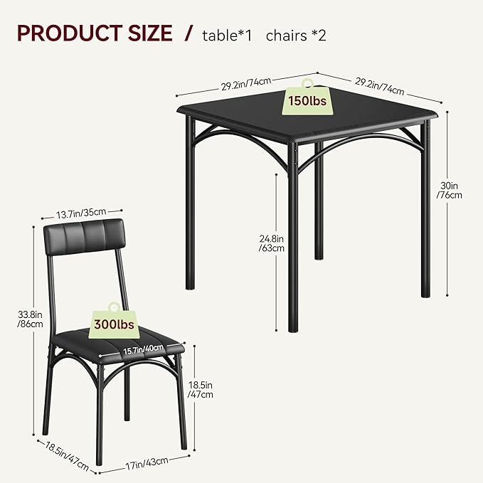 IDEALHOUSE Kitchen Table and Chairs for 2, Dining Table Set for 2 with Upholstered Chairs, 3 Piece Square Kitchen Table Set, Dining Room Table Set for Small Space, Apartment, Rustic Black - LeafyLoom