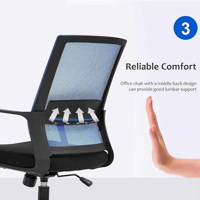 Office Chair Ergonomic Desk Task Chair Mesh Computer Chair Mid-Back Mesh Home Office Swivel Chair Modern Executive Chair with Wheels Armrests Lumbar Support (Blue) - LeafyLoom