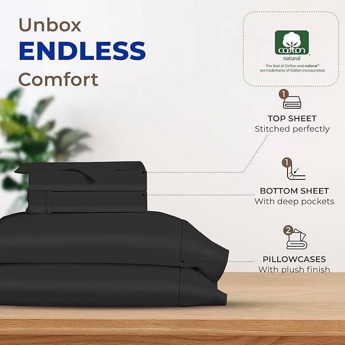 THREAD SPREAD 600 Thread Count Sheets Queen - 100% Egyptian Cotton Sheets Queen Size, 4 PC Luxury Sheets Queen Size, Soft, Cooling, Extra Long Staple 16" Deep Pocket Queen Bed Sheet Set - Black - LeafyLoom