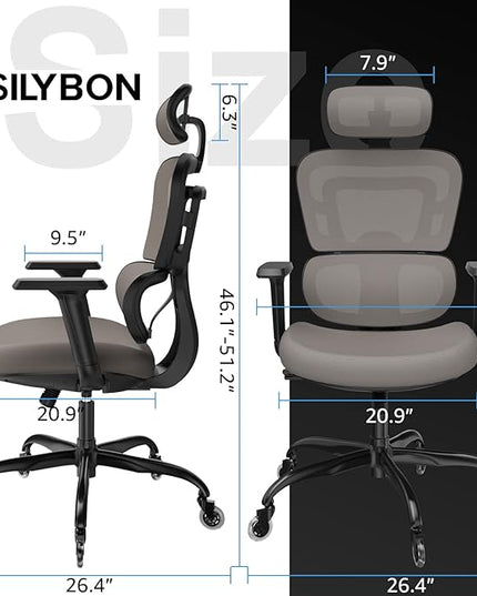 Ergonomic Office Chair - Mesh Office Chair High Back, Rolling Desk Chair, Executive Swivel Chair, Computer Chair with 3D Adjustable Armrest, 3D Lumbar Support, Blade Wheels, Adjustable Headrest - LeafyLoom