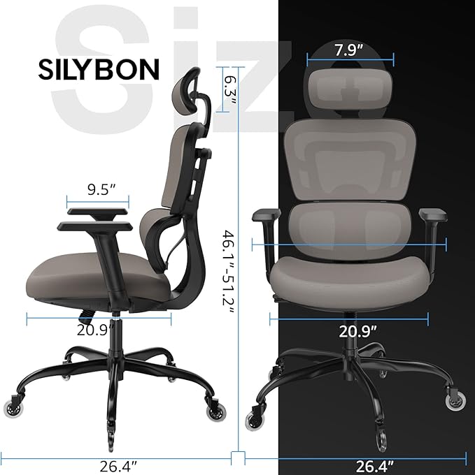 Ergonomic Office Chair - Mesh Office Chair High Back, Rolling Desk Chair, Executive Swivel Chair, Computer Chair with 3D Adjustable Armrest, 3D Lumbar Support, Blade Wheels, Adjustable Headrest - LeafyLoom