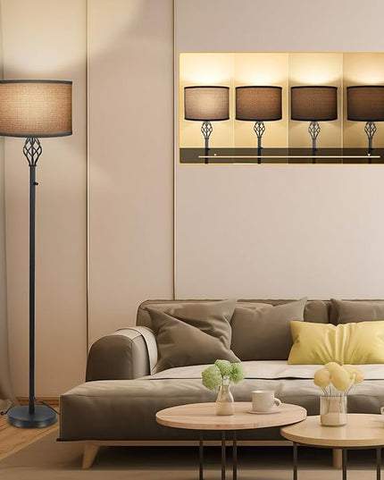 Floor Lamps for Living Room, Standing Lamp for Bedroom, Modern Floor Lamp with Gray Linen Shade, Rotary Switch, 2700K 10W Bulb Included, Stepless Dimmable Floor lamp, Classic Tall Lamp for Office - LeafyLoom