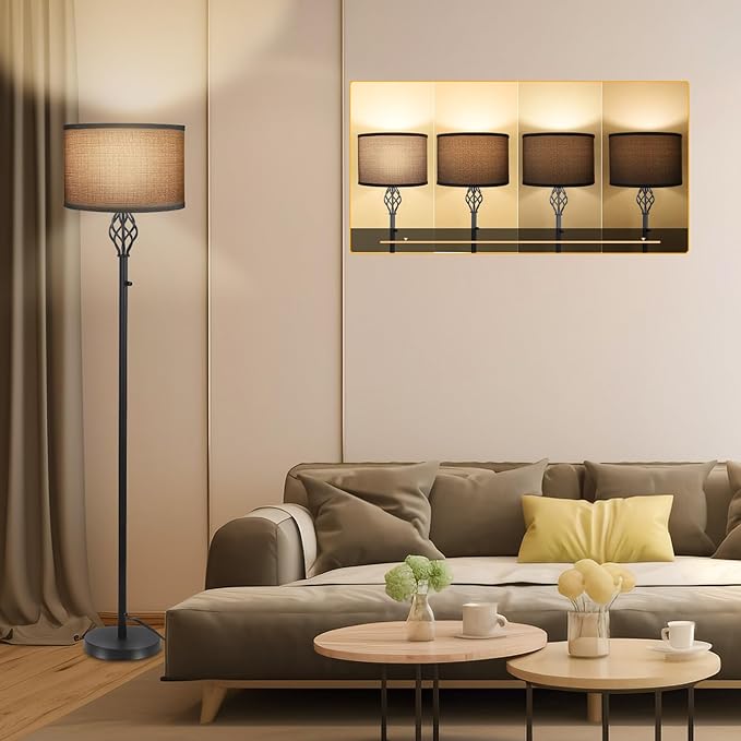 Floor Lamps for Living Room, Standing Lamp for Bedroom, Modern Floor Lamp with Gray Linen Shade, Rotary Switch, 2700K 10W Bulb Included, Stepless Dimmable Floor lamp, Classic Tall Lamp for Office - LeafyLoom
