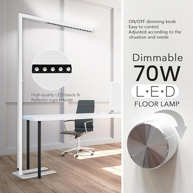 STERREN 77" LED Floor Lamp for Office, 7350LM Dimmable Eye-care Standing Piano Lamp,70W Tall Reading Light, 4000K Bright Lighting for Living Room - White - LeafyLoom