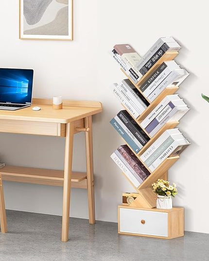 8 Tier Tree Bookshelf with Drawer, Free Standing Wood Bookcase for Narrow Space, Storage Organizer Bookshelves for Books, Book Case for Home Office, Living Room, Bedroom - Natural - LeafyLoom