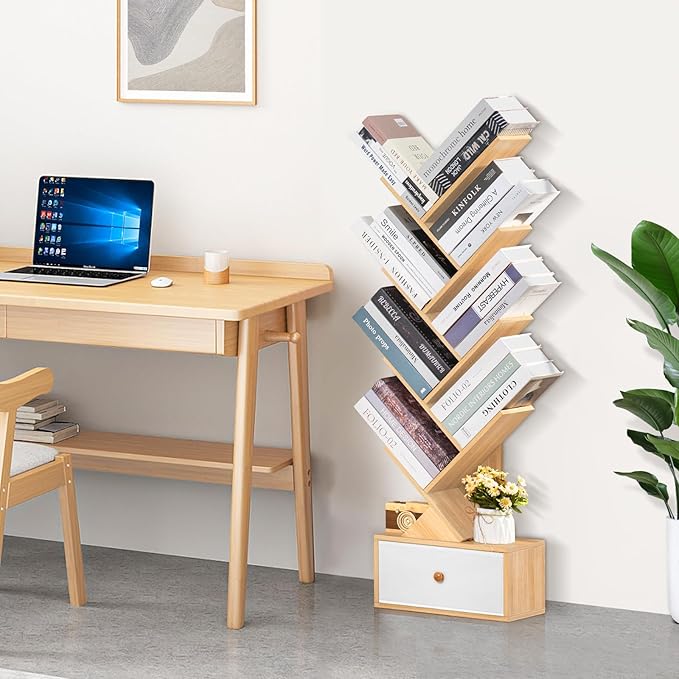 8 Tier Tree Bookshelf with Drawer, Free Standing Wood Bookcase for Narrow Space, Storage Organizer Bookshelves for Books, Book Case for Home Office, Living Room, Bedroom - Natural - LeafyLoom