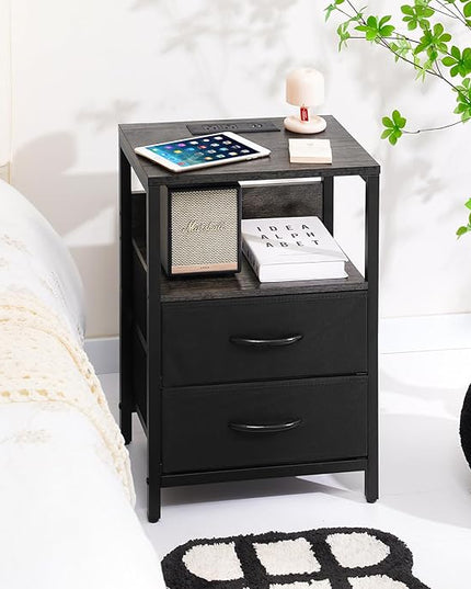 Yoobure Nightstand with Charging Station, Small Night Stand with Fabric Drawers and Storage Shelf for Bedrooms, Nightstands for Small Spaces, Bedside Table with USB Ports & Outlets, Bed Side Table - LeafyLoom