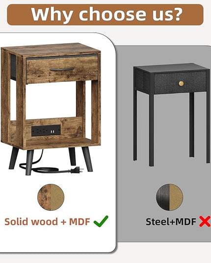 Nightstand with Charging Station and Fabric Drawer, Side Table with Storage for Bedroom, Night Stand with Open Wood Shelf for Bedroom, Bedside Tables - Rustic Brown - LeafyLoom
