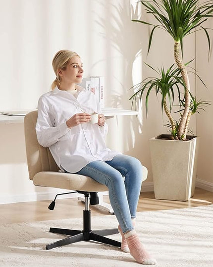 OLIXIS Cross Legged Armless Wide Adjustable Swivel Padded Home Office Desk Chair, Beige - LeafyLoom