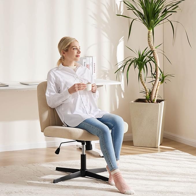 OLIXIS Cross Legged Armless Wide Adjustable Swivel Padded Home Office Desk Chair, Beige - LeafyLoom