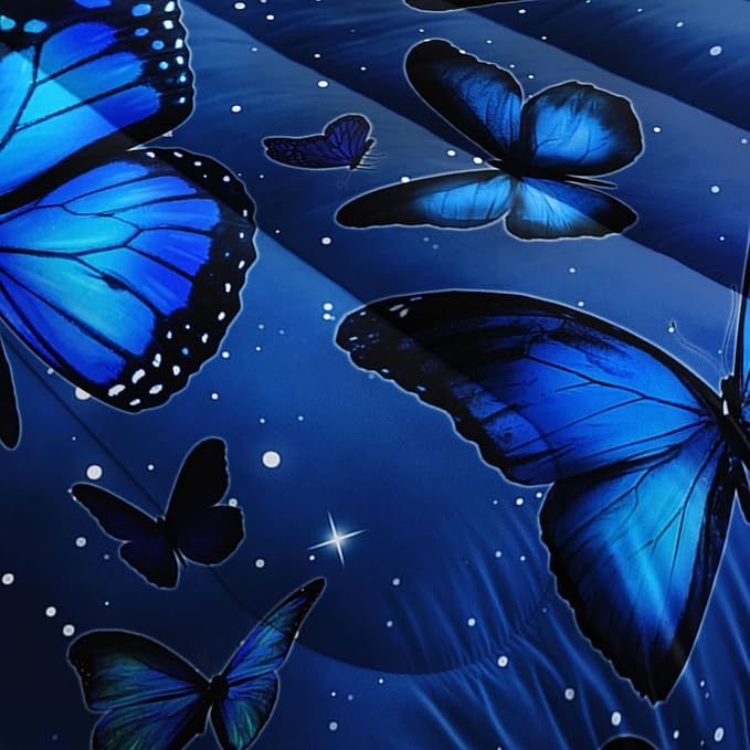 Datura home Blue Butterfly Comforter Set for Girls Women,Bright Blue Butterflies in Blue Sky with Stars Printed Bedding Set with 2 Pillowcases(Butterfly Blue Twin) - LeafyLoom