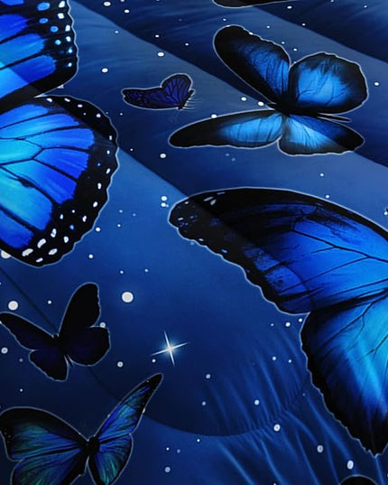 Datura home Blue Butterfly Comforter Set for Girls Women,Bright Blue Butterflies in Blue Sky with Stars Printed Bedding Set with 2 Pillowcases(Butterfly Blue Queen) - LeafyLoom