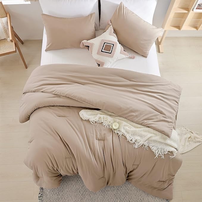 Queen Comforter Set Ultra Soft Microfiber Bed Comforter Set Boho and Luxury 3PC Taupe, with 2Pillowcases Lightweight All Season for Women and Men - LeafyLoom