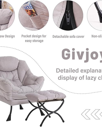 Lazy Chair and Ottoman, Large Accent Lounge Chair with Armrests and a Side Pocket, Modern Leisure Upholstered Sofa Reading Armchair with Footrest for Bedroom, Living Room, Dorm Rooms, Office - LeafyLoom