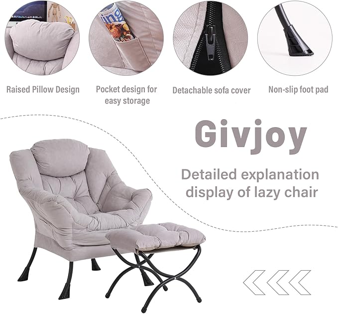 Lazy Chair and Ottoman, Large Accent Lounge Chair with Armrests and a Side Pocket, Modern Leisure Upholstered Sofa Reading Armchair with Footrest for Bedroom, Living Room, Dorm Rooms, Office - LeafyLoom