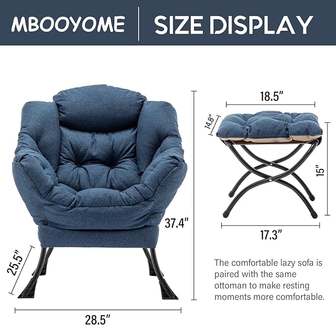 Lazy Chair with Ottoman, Modern Soft Reading Chair Accent Contemporary Lounge Leisure Sofa Chair with Armrests and a Side Pocket for Living Room, Bedroom, Dorm & Office, Dark Blue - LeafyLoom