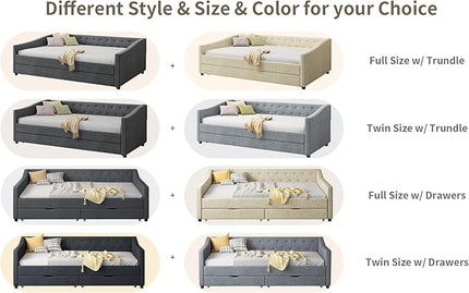 Full Size Daybed with Trundle, Linen Upholstered Tufted Sofa Day Bed Frame with Button, Waved Shape Arms & Nailhead, Wooden Slats Support for Apartment,Bedroom - LeafyLoom