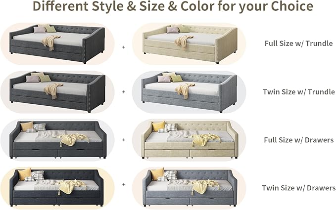 Full Size Daybed with Trundle, Linen Upholstered Tufted Sofa Day Bed Frame with Button, Waved Shape Arms & Nailhead, Wooden Slats Support for Apartment,Bedroom - LeafyLoom