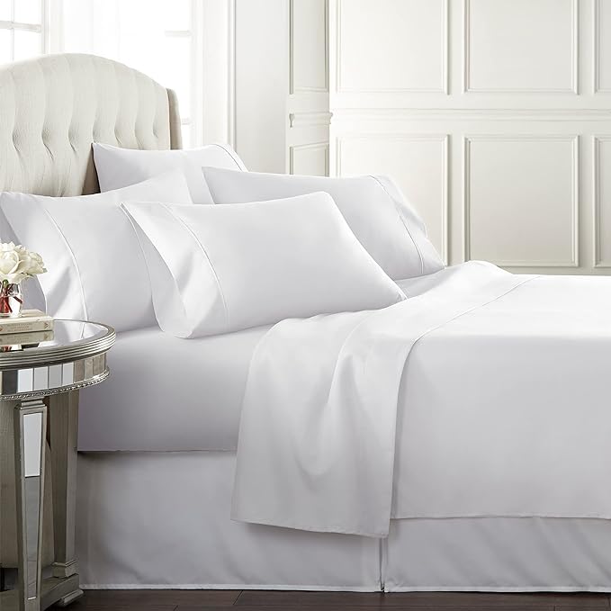 Danjor Linens Queen Sheet Set - 6 Piece Set including 4 Pillowcases - Deep Pockets - Breathable, Soft Bed Sheets - Wrinkle Free - Machine Washable - White Sheets for Queen Size Bed - 6 pc - LeafyLoom