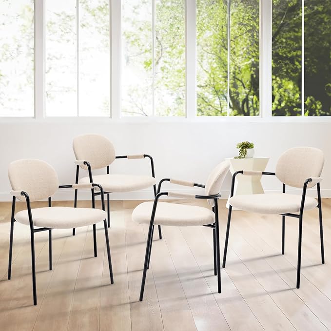 COLAMY Boucle Dining Chairs Set of 4, Fabric Dining Chairs Set of 4 with Arms, Upholstered Dining Armchairs with Back for Kitchen,Dining Room, Beige - LeafyLoom