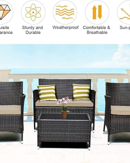 LUARANE 4-Piece Rattan Patio Furniture Set, Outdoor Wicker Sofa Couch Table Set, w/Thick Seat Cushions Tempered Glass Coffee Table, Conversation Set for Lawn Garden Poolside Backyard (Brown) - LeafyLoom