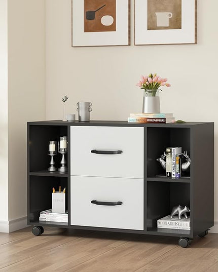 sogesfurniture Mobile Lateral Filing Cabinet with 2 Drawers,Lateral Office Cabinet Printer Stand, Multifunctional Storage Cabinet with Open Shelves and Castors for Home & Office (Black) - LeafyLoom