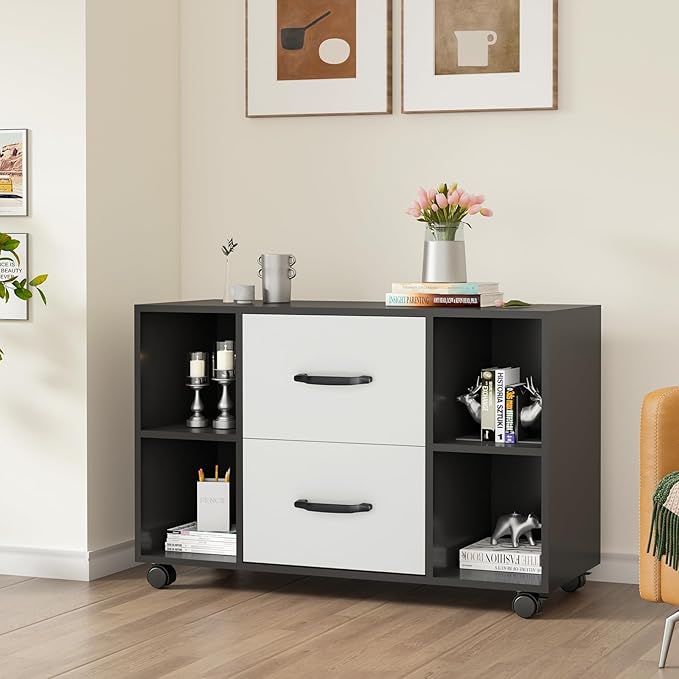 sogesfurniture Mobile Lateral Filing Cabinet with 2 Drawers,Lateral Office Cabinet Printer Stand, Multifunctional Storage Cabinet with Open Shelves and Castors for Home & Office (Black) - LeafyLoom