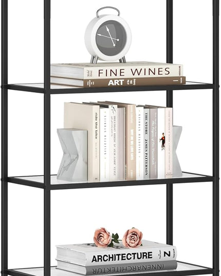 Bookcase Bookshelf, Tempered Glass Bookshelves, Slim Shelving Unit for Bedroom, Bathroom, Home Office, Steel Frame, 5 Tier Black BC21599B - LeafyLoom