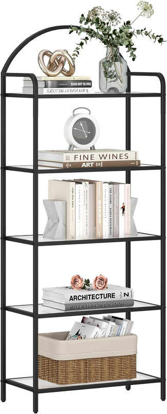 Bookcase Bookshelf, Tempered Glass Bookshelves, Slim Shelving Unit for Bedroom, Bathroom, Home Office, Steel Frame, 5 Tier Black BC21599B - LeafyLoom