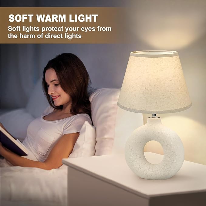 Boho Table Lamp for Living Room Bedroom, 21" Modern White Ceramic Bedside Lamps 3 Color Temperature Farmhouse Rustic Table Lamps for Night Stands, Dorm, Office, Home Décor (Bulb Included) - LeafyLoom