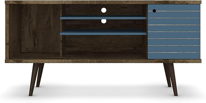 Manhattan Comfort Liberty Mid Century Modern TV Stand for Televisions up to 50 Inches, Bedroom and Living Room Entertainment Center with Storage, Shelves, and Cabinet, 53" Wide, Rustic Brown/Aqua - LeafyLoom