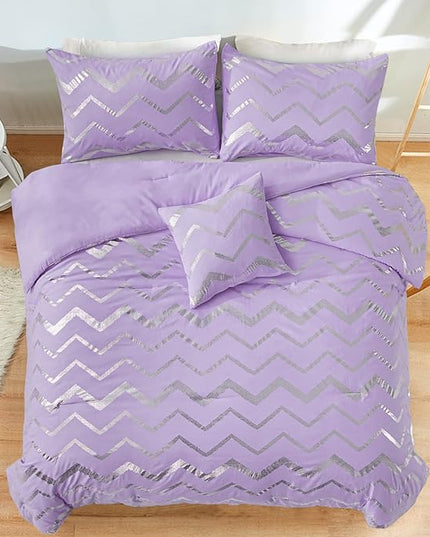 Purple/Silver Comforter Set Queen, Lavender Metallic Print Glitter Bedding Set Cute Shinny Lilac Bed Sets for Teen Girls Kids Women, 4 Piece (2 Pillowcases, 1 Decorative Pillow Sham) - LeafyLoom