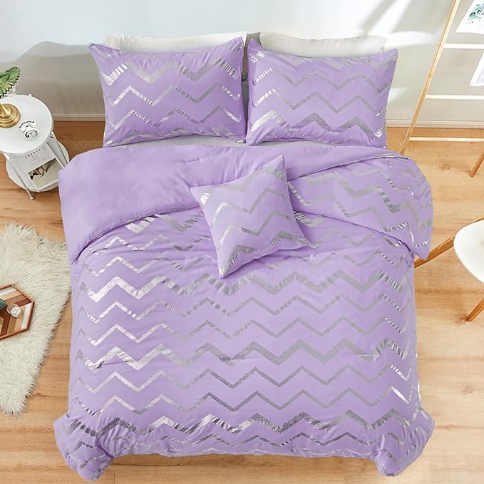 Purple/Silver Comforter Set Queen, Lavender Metallic Print Glitter Bedding Set Cute Shinny Lilac Bed Sets for Teen Girls Kids Women, 4 Piece (2 Pillowcases, 1 Decorative Pillow Sham) - LeafyLoom