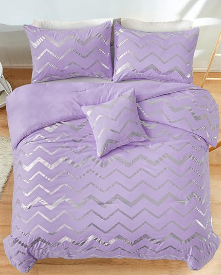 Purple/Silver Comforter Set Twin, Lavender Metallic Print Glitter Bedding Set Cute Shinny Lilac Bed Sets for Teen Girls Kids Women, 3 Piece (1 Pillowcase, 1 Decorative Pillow Sham) - LeafyLoom