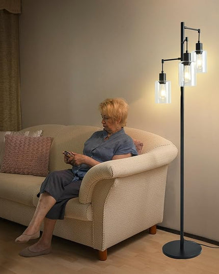 3-Lights Floor Lamp with On/Off Foot Switch, Farmhouse Glass Floor Lamp Tall Pole Lamp for Living Room Bedroom Office，Industrial Black Tree Standing Lamp, LED 3 Bulbs Included - LeafyLoom