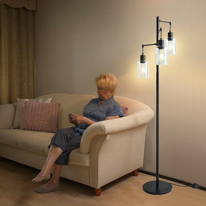 3-Lights Floor Lamp with On/Off Foot Switch, Farmhouse Glass Floor Lamp Tall Pole Lamp for Living Room Bedroom Office，Industrial Black Tree Standing Lamp, LED 3 Bulbs Included - LeafyLoom