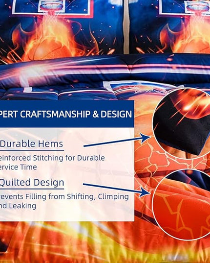 Btargot Basketball Fire Court Comforter Sets Twin for Boys Teens,3D Sports Bedding,Soft Microfiber Reversible Quilt with 2 Matching Pillow Shams - LeafyLoom