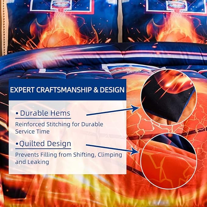 Btargot Basketball Fire Court Comforter Sets Twin for Boys Teens,3D Sports Bedding,Soft Microfiber Reversible Quilt with 2 Matching Pillow Shams - LeafyLoom