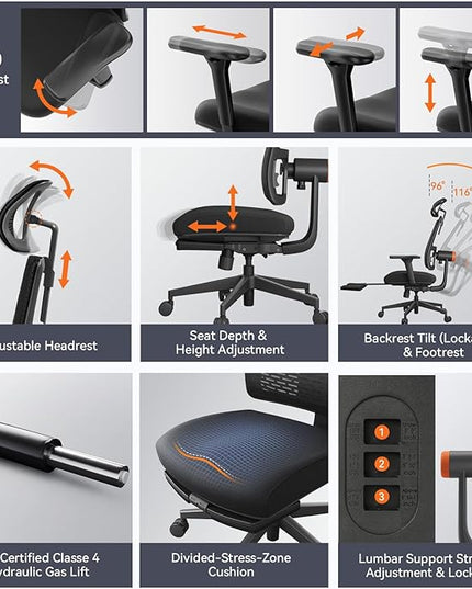 Newtral Ergonomic Chair with Footrest - Home Office Desk Chair with Auto-Following Lumbar Support, 4D Armrest, Seat Depth & Height Adjustable, 96°-136° Reclines - LeafyLoom